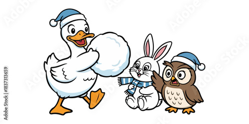 Playful Duck, Bunny, and Owl Snowball Fight Illustration with Christmas Hats, SVG Outlines
