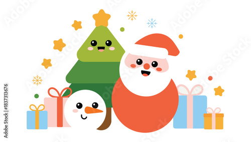 Holiday Cheer Cartoon: Festive cartoon characters celebrate Christmas. The image features a jolly Santa Claus, a smiling snowman, and a cheerful Christmas tree.