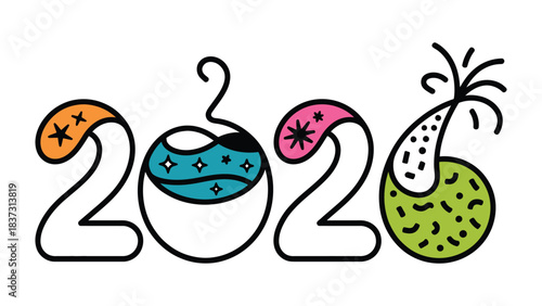 New Year's Eve 2020 Ornament: Festive illustration featuring stylized numerals. The design incorporates decorative elements and bold outlines.