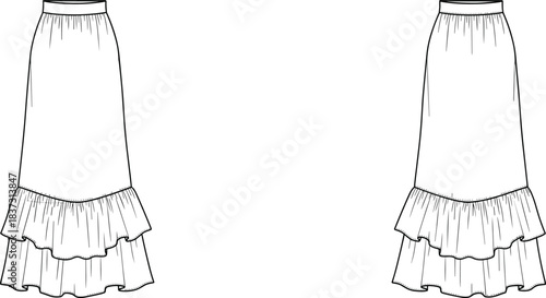 Flounced Ruffle Maxi Skirt Technical Fashion Illustration Template with Elastic Waistband, Detailed Flat Sketch Vector for Apparel Design and Presentation.