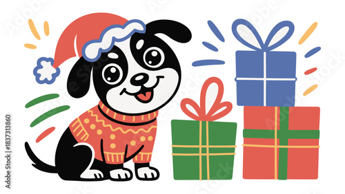Festive Puppy with Presents: A cheerful puppy in a festive sweater and santa hat sits happily next to colorful gift boxes, embodying the joy and anticipation of the holiday season.