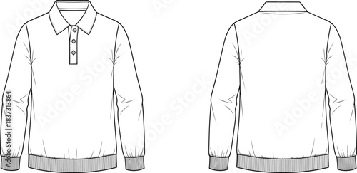 Long Sleeve Polo Shirt Technical Fashion Illustration Template, Collared Pullover Sweatshirt Flat Sketch Vector with Ribbed Hem and Cuffs for Apparel Design.