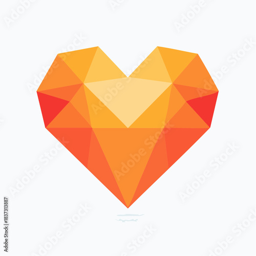 A vibrant geometric heart icon with polygonal facets in shades of orange and red on a white background.