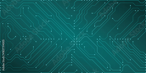 Teal Circuit Board Pattern Abstract Technology Background with Glowing Lines and Nodes Representing Digital Connections and Data Flow