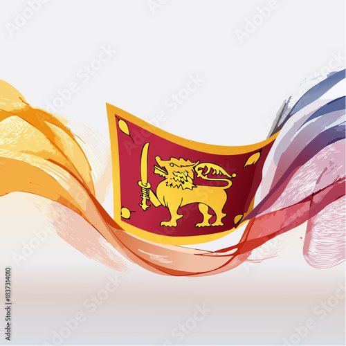 Sri Lankan flag with a golden lion holding a sword, surrounded by abstract colorful waves on a white background.