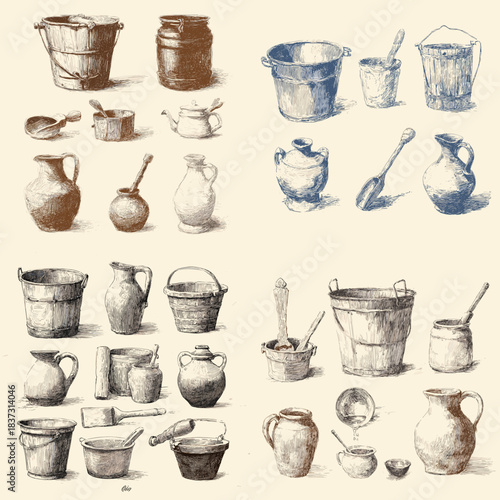 A rustic illustration set featuring vintage metal and clay buckets, pots, jugs, and kitchen containers drawn in detailed sketch style, perfect for farmhouse themes and antique design projects.