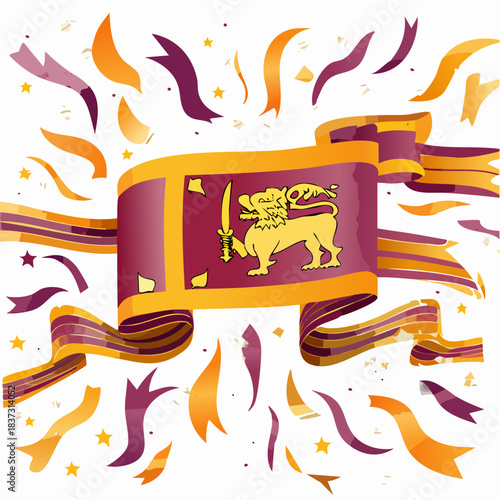 Vibrant illustration of the Sri Lankan national flag waving amidst a festive shower of orange and purple ribbons and confetti.