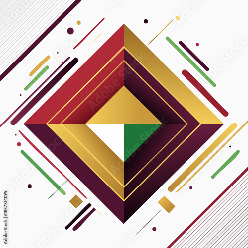 A modern abstract geometric design featuring layered diamond shapes in red, gold, and purple with dynamic lines.