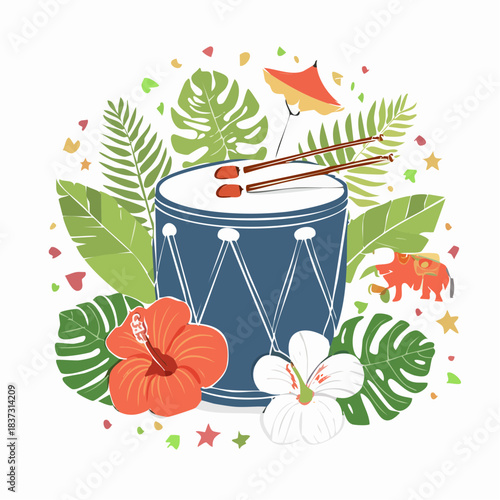 A vibrant illustration of a blue drum with drumsticks, surrounded by tropical leaves, hibiscus flowers, and festive elements.