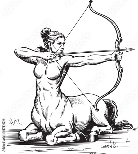 Mythical female centaur archer aiming arrow, strong, focused