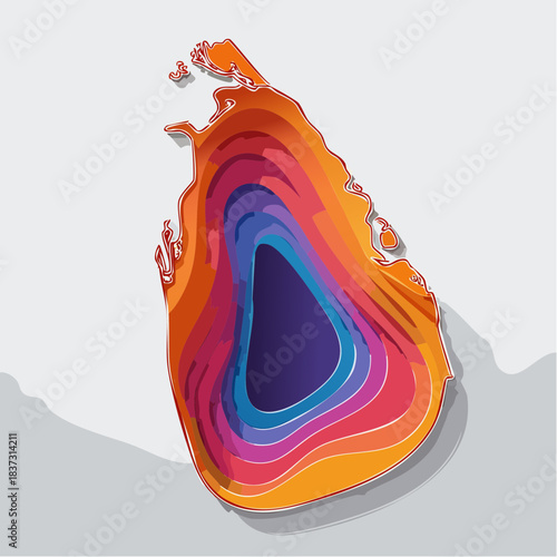 Stylized paper-cut map of Sri Lanka with vibrant layered colors creating a topographic effect.