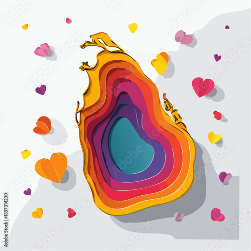 Vibrant paper cut style map of Sri Lanka with layered colors and floating hearts.
