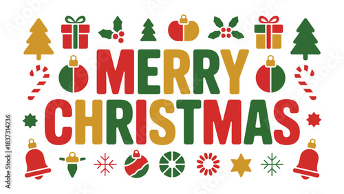 Christmas Cheer: A vibrant and festive scene, Merry Christmas is joyfully spelled out amid a collection of traditional ornaments. capturing the essence of the holiday spirit.