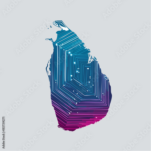 Digital circuit board pattern overlaying a map of Sri Lanka, symbolizing technological advancement and connectivity.