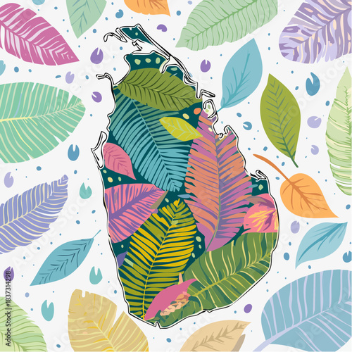 Vibrant illustration of Sri Lanka map filled with colorful tropical leaves, surrounded by scattered pastel foliage on a white background.