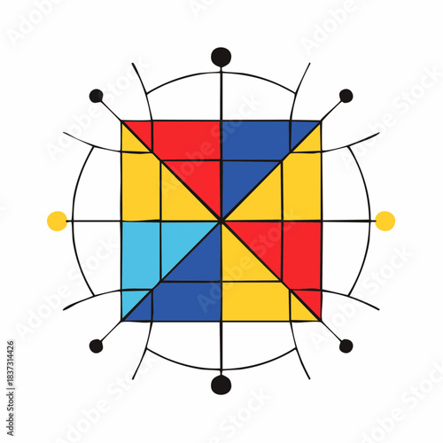 Abstract geometric design featuring a central square in primary colors, enclosed by a circle with radiating lines and dots, resembling a modern mandala or symbolic emblem.