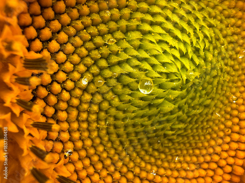 Close up of a water droplet on a sunflower head