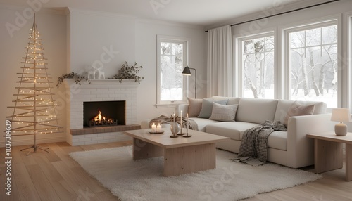 Cozy winter living room scene with modern minimalist Christmas tree and fireplace glow