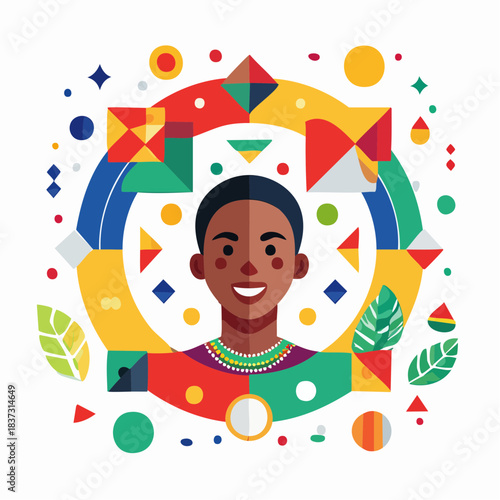 Vibrant graphic illustration of a smiling person surrounded by colorful abstract geometric shapes and leaves, celebrating diversity and community.