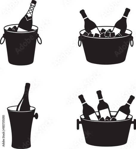 set of champagne bucket silhouette, champagne ice bucket icon, champagne bottle with ice bucket vector,  ice buckets filled with champagne bottles vector