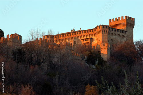 Gradara, Pesaro-Urbino district, Marche region, Italy, view of the town walls dominated by the Rocca di Gradara