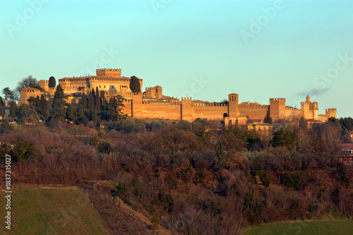 Gradara, Pesaro-Urbino district, Marche region, Italy, view of the town walls dominated by the Rocca di Gradara