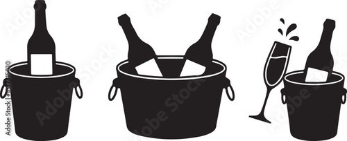 set of champagne bucket silhouette, champagne ice bucket icon, champagne bottle with ice bucket vector,  ice buckets filled with champagne bottles vector
