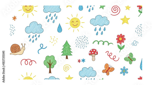 Whimsical Weather and Nature Elements: A delightful array of hand-drawn weather elements and nature motifs, creating a playful and cheerful design.