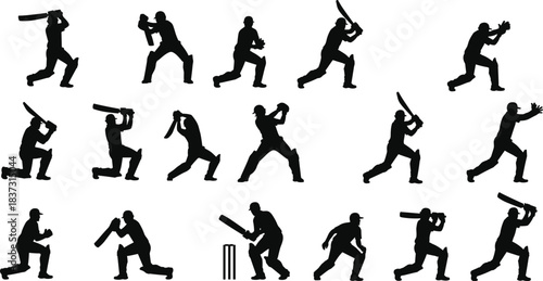 Black Silhouette Vector Illustration Set of Cricket Players, Featuring Batsmen in Dynamic Hitting Poses and Fielders in Various Catching and Stopping Actions