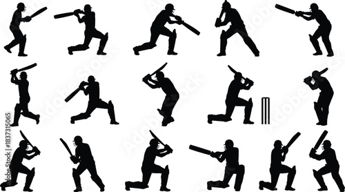 Black Silhouette Vector Illustration Set of Cricket Players, Showcasing Batsmen in Aggressive Hitting Poses and Fielders in Dynamic Catching and Wicket Action Movements