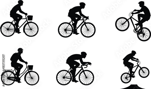 Black Silhouette Vector Illustration Set of People Cycling, Featuring Commuters, Road Racers, BMX Stunt Riders, Tandem Bikes, Cargo Cycles, and Recumbent Bicycles