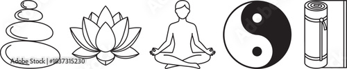 Zen meditation and yoga elements vector line art collection for holistic health, balance, mindfulness, and spiritual well-being