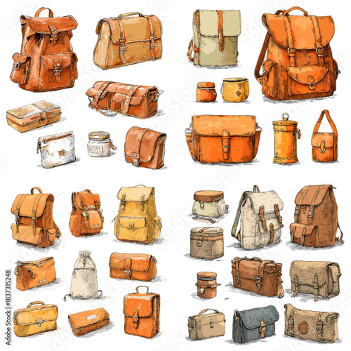 A stylish illustration set of leather bags, backpacks, satchels, and travel accessories in warm tones, ideal for fashion themes, lifestyle design, and product artwork.