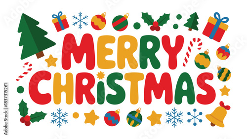 Joyful Christmas Greeting: A vibrant and festive Merry Christmas message, surrounded by classic holiday elements, embodies the spirit of the season