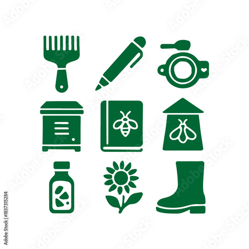 Collection of green beekeeping and gardening icons