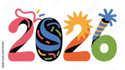 2026 Celebration Banner: A vibrant and celebratory banner features the bold numeral 2026, adorned with festive elements such as confetti and fireworks.