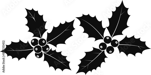 Two Black Silhouettes of Holly Sprigs with Berries christmas winter