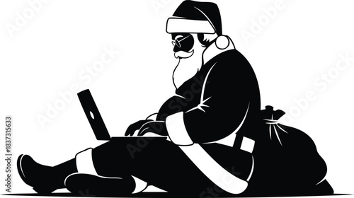 Black Silhouette of Santa Claus Using a Laptop with a Gift Sack christmas holiday