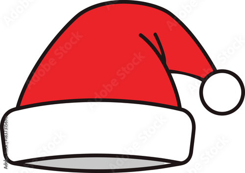 Red Santa Hat with White Fur Trim and Pom- Pom on White Background christmas holiday
