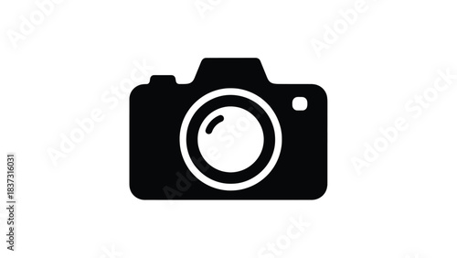 Black and white icon of a camera with a lens and flash symbol