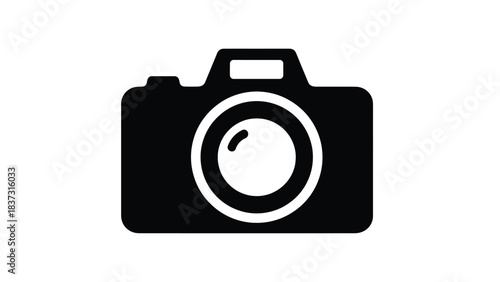 Simple black camera icon with lens and viewfinder on white background