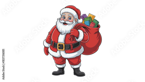 Jolly Gift-Bearer: A cheerful Santa Claus figure stands, a red bag overflowing with gifts slung over his shoulder, embodying the spirit of Christmas joy. 