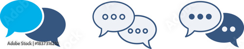 Multiple blue communication and chat speech bubble icons, in various styles, representing digital dialogue, discussion, and online interaction.