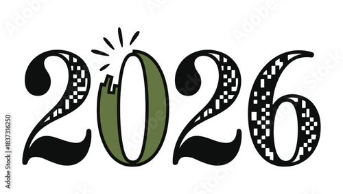 Year 2026 Typography: A unique digital illustration showcases the year 2026, where a numeral is symbolically cracking