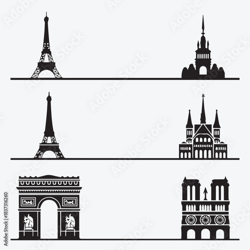 Paris Landmarks Silhouette Banners Vector Set: Eiffel Tower and Historical Monuments
