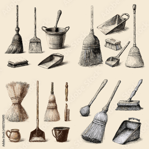 A vintage illustration set featuring brooms, brushes, scoops, dustpans, and cleaning tools in rustic sketch style, perfect for household themes and nostalgic design projects.