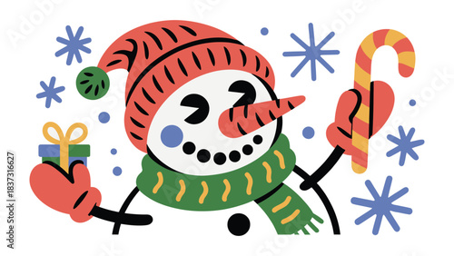 Festive Snowman: A charming snowman joyfully embodies the spirit of winter, holding a gift and a candy cane amid a flurry of snowflakes.