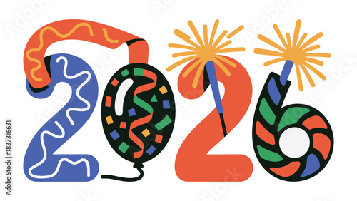 New Year 2026 Celebration: Vibrant artwork announces the arrival of 2026, combining festive elements with a playful design, perfect for new year celebrations