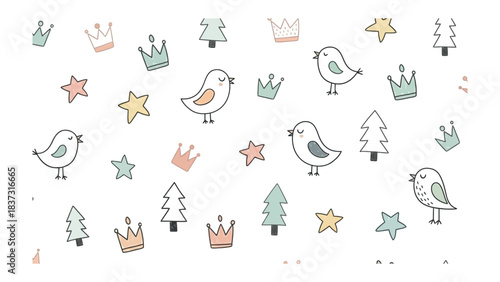 Whimsical Wonderland: A playful illustration brimming with charm, featuring endearing birds, sparkling stars, dainty crowns, and whimsical trees, creating a scene of joyful innocence.
