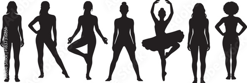 Set of Diverse Female Silhouettes, Women of Different Body Types, Poses, and Styles in Black Vector Shapes